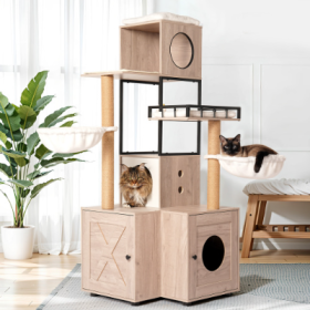 63 Multi-Functional Cat Tree With Litter Box - Includes Removable Washable Cushion, Scratching Posts  Toy Hanger, Modern Design, Rustic Gray