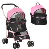4 Wheels Pet Stroller, 3 in 1 Dog Cat Travel Folding Carrier, for Small Dogs, Detachable, w/ Brake, Canopy, Basket, Storage Bag - Pink