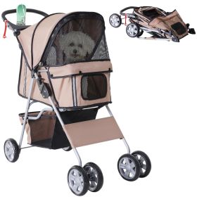 4 Wheel Dog Pet Stroller Dog Cat Carrier Folding Sunshade Canopy with Brake, Safety Leash, Cup Holder, Brown