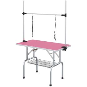 Adjustable Dog Grooming Table with 2 Safety Slings, Storage Basket, Pink