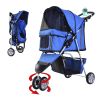 3 Wheels Foldable Dog Stroller with Storage Basket, Adjustable Canopy, Cupholder for Miniature and Small Dogs, Blue