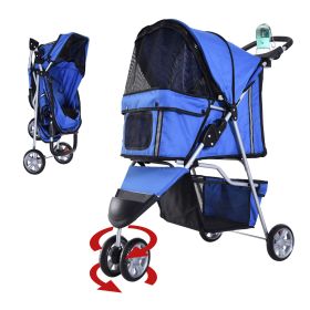 3 Wheels Foldable Dog Stroller with Storage Basket, Adjustable Canopy, Cupholder for Miniature and Small Dogs, Blue