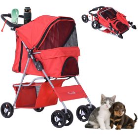 Pet Stroller Foldable Carrier for Cat, Dog and More 4 Wheels Travel Jogger with Cup Holder, Storage Basket, 360 �� swiveling front wheels, Easy Fold