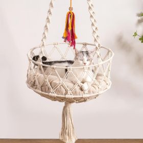 MEWOOFUN Boho Macrame Cat Swing - Handwoven Hanging Bed With Soft Mat & Toy For Indoor Cats, Decorative Hammock For Sleeping & Play Beige (Option: WP020)